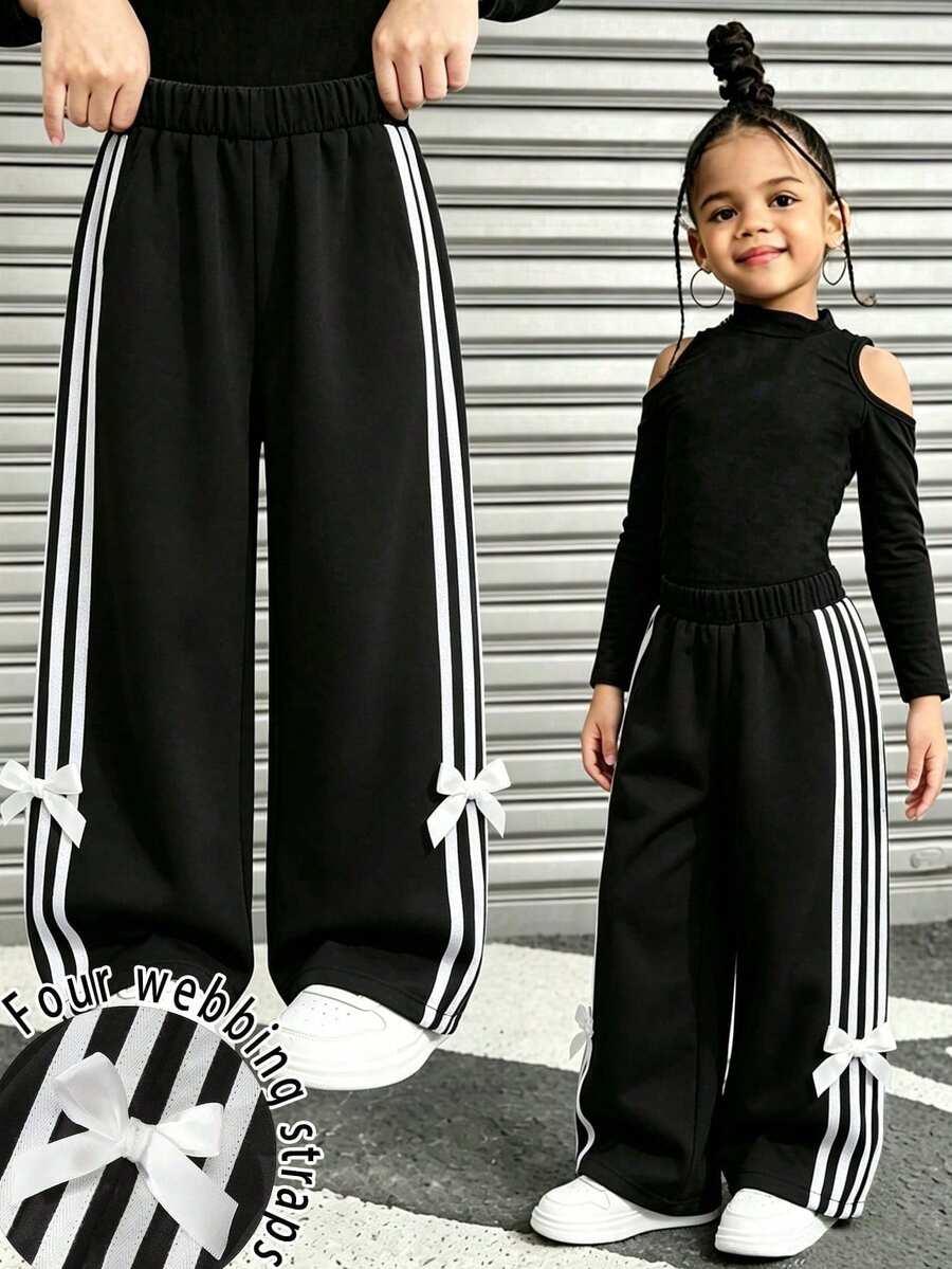 SHEIN Young Girls Pure Black Webbing Bowknot Long Pants, Simple Comfortable Sports Trousers, Casual Athletic For Spring/ Swim - Black - View 1