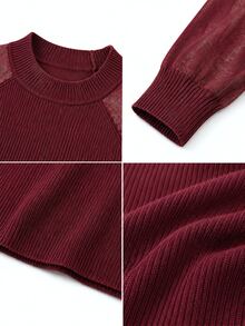 SHEIN Atasan Rajut Tipis Berlubang Wanita untuk Musim Gugur, Slim Fit Elegan Warna Polos, Sweater Leher Bulat Lapisan Dalam - Burgundy - View 6