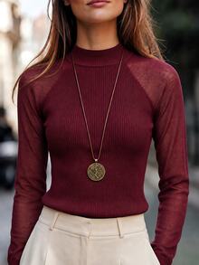 SHEIN Atasan Rajut Tipis Berlubang Wanita untuk Musim Gugur, Slim Fit Elegan Warna Polos, Sweater Leher Bulat Lapisan Dalam - Burgundy - View 1