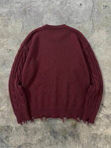 NEOSTRIT Men's Ribbed Streetwear Distressed Crew Neck Sweater, Couple Outfit, Office Work Autumn, Best Holiday Gift - Red - View 6
