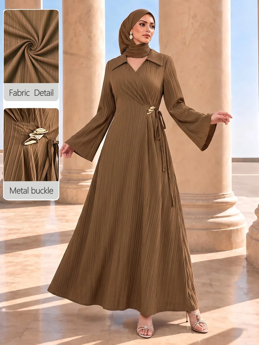Graceveil Lapel V-Neck Criss-Cross Wrap Metal Buckle Waist Flared Sleeve Vertical Texture Commuter Brown Arabian Dress Formal Office Winter Modest Elegant