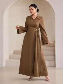 Graceveil Lapel V-Neck Criss-Cross Wrap Metal Buckle Waist Flared Sleeve Vertical Texture Commuter Brown Arabian Dress Formal Office Winter Modest Elegant - Brown - View 6