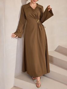 Graceveil Lapel V-Neck Criss-Cross Wrap Metal Buckle Waist Flared Sleeve Vertical Texture Commuter Brown Arabian Dress Formal Office Winter Modest Elegant - Brown - View 8