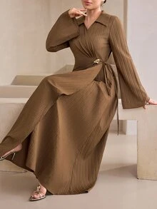 Graceveil Lapel V-Neck Criss-Cross Wrap Metal Buckle Waist Flared Sleeve Vertical Texture Commuter Brown Arabian Dress Formal Office Winter Modest Elegant - Brown - View 9
