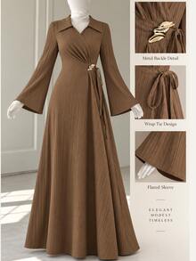 Graceveil Lapel V-Neck Criss-Cross Wrap Metal Buckle Waist Flared Sleeve Vertical Texture Commuter Brown Arabian Dress Formal Office Winter Modest Elegant - Brown - View 5