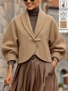 Elenzga Ladies' Versatile, Refined And Elegant Beige Collar With Leather Button Design Long-Sleeved Short Wool Coat For Spring And Autumn. - Khaki - View 1