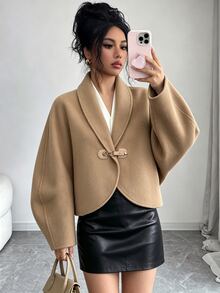 Elenzga Ladies' Versatile, Refined And Elegant Beige Collar With Leather Button Design Long-Sleeved Short Wool Coat For Spring And Autumn. - Khaki - View 4