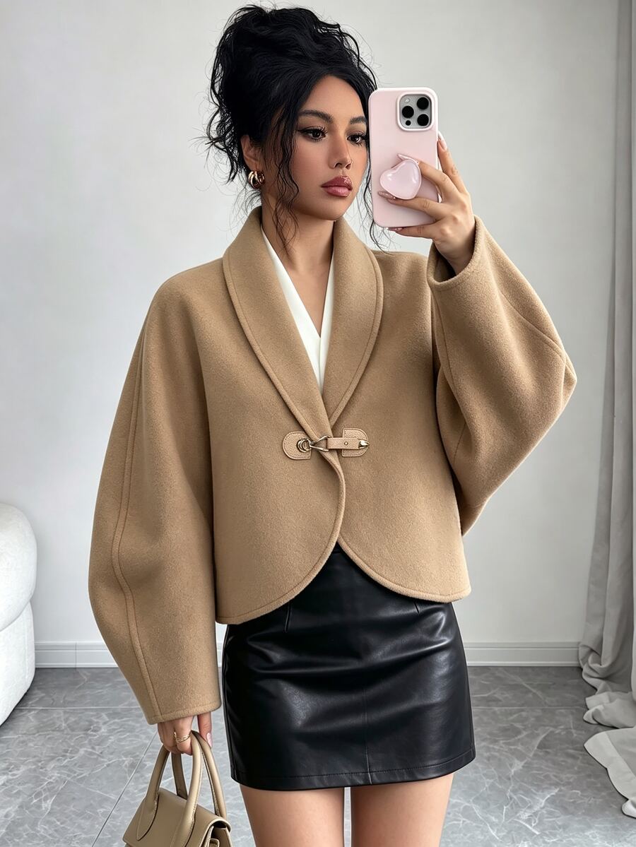 Elenzga Ladies' Versatile, Refined And Elegant Camel Collar With Leather Button Design Long-Sleeved Short Wool Coat For Fall And . Office - Khaki - View 1