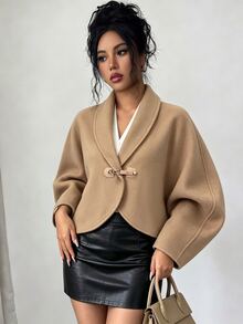 Elenzga Ladies' Versatile, Refined And Elegant Beige Collar With Leather Button Design Long-Sleeved Short Wool Coat For Spring And Autumn. - Khaki - View 8