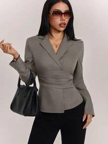 SHEIN PETITE Women's Vintage Pleated Long Sleeve Blazer - Grey - View 4