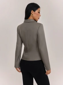 SHEIN PETITE Women's Vintage Pleated Long Sleeve Blazer - Grey - View 2