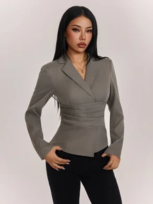 SHEIN PETITE Women's Vintage Pleated Long Sleeve Blazer - Grey - View 8