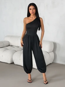 SHEIN PETITE Jumpsuit Tanpa Lengan Asimetris Warna Polos untuk Wanita, Cocok untuk Bepergian, Kencan, Liburan, Pesta, Pakaian Sehari-hari, Berkumpul, dan Aktivitas Luar Ruangan - Hitam - View 3