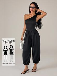 SHEIN PETITE Jumpsuit Tanpa Lengan Asimetris Warna Polos untuk Wanita, Cocok untuk Bepergian, Kencan, Liburan, Pesta, Pakaian Sehari-hari, Berkumpul, dan Aktivitas Luar Ruangan - Hitam - View 8