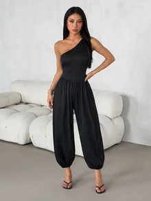 SHEIN PETITE Jumpsuit Tanpa Lengan Asimetris Warna Polos untuk Wanita, Cocok untuk Bepergian, Kencan, Liburan, Pesta, Pakaian Sehari-hari, Berkumpul, dan Aktivitas Luar Ruangan - Hitam - View 4