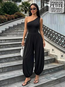 SHEIN PETITE Jumpsuit Tanpa Lengan Asimetris Warna Polos untuk Wanita, Cocok untuk Bepergian, Kencan, Liburan, Pesta, Pakaian Sehari-hari, Berkumpul, dan Aktivitas Luar Ruangan - Hitam - View 1