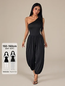 SHEIN PETITE Jumpsuit Tanpa Lengan Asimetris Warna Polos untuk Wanita, Cocok untuk Bepergian, Kencan, Liburan, Pesta, Pakaian Sehari-hari, Berkumpul, dan Aktivitas Luar Ruangan - Hitam - View 7