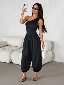 SHEIN PETITE Jumpsuit Tanpa Lengan Asimetris Warna Polos untuk Wanita, Cocok untuk Bepergian, Kencan, Liburan, Pesta, Pakaian Sehari-hari, Berkumpul, dan Aktivitas Luar Ruangan - Hitam - View 6