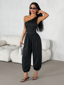 SHEIN PETITE Jumpsuit Tanpa Lengan Asimetris Warna Polos untuk Wanita, Cocok untuk Bepergian, Kencan, Liburan, Pesta, Pakaian Sehari-hari, Berkumpul, dan Aktivitas Luar Ruangan - Hitam - View 5