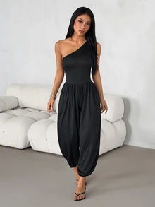 SHEIN PETITE Jumpsuit Tanpa Lengan Asimetris Warna Polos untuk Wanita, Cocok untuk Bepergian, Kencan, Liburan, Pesta, Pakaian Sehari-hari, Berkumpul, dan Aktivitas Luar Ruangan - Hitam - View 9