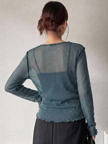 FRIFUL 女款網紗高領透視上衣，秋季長袖內搭層搭單品 - 藍色 - 查看 2