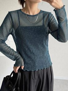 FRIFUL 女款網紗高領透視上衣，秋季長袖內搭層搭單品 - 藍色 - 查看 7