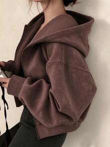 SHEIN 青少年女孩秋季灰色拉鍊落肩長袖寬鬆休閒廓形衛衣外套 抓絨內裡 基礎款 Cruise Sixth Form - 彩色 - 查看 1
