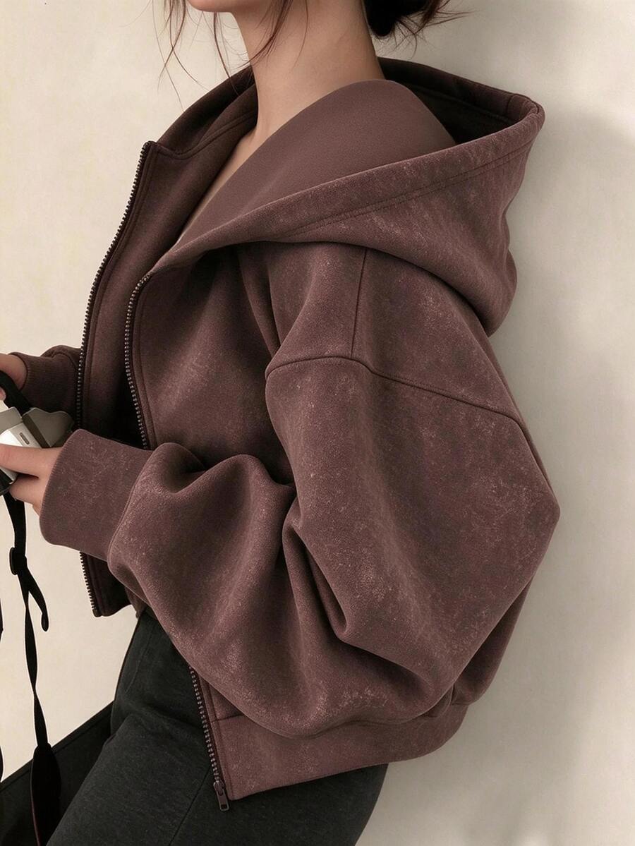 SHEIN 青少年女孩秋季灰色拉鍊落肩長袖寬鬆休閒廓形衛衣外套 抓絨內裡 基礎款 Cruise Sixth Form - 彩色 - 查看 1