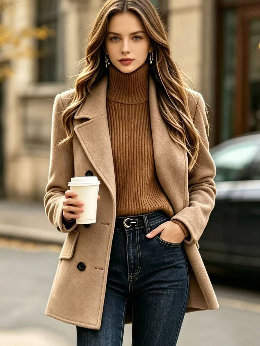 SHEIN Unity Women's Solid Color Lapel Neck Long Sleeve Double-Breasted Casual Elegant Jacket Office Business Camel Camo Fall - Khaki - View 1