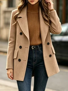 SHEIN Unity Women's Solid Color Lapel Neck Long Sleeve Double-Breasted Casual Elegant Jacket Office Business Camel Camo Fall - Khaki - View 6