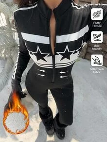 Muchica 女款星星圖案休閒性感日常連身褲 秋季保暖加厚 滑雪印花緊身黑白條紋百搭夜店度假款 - 黑色 - 查看 3