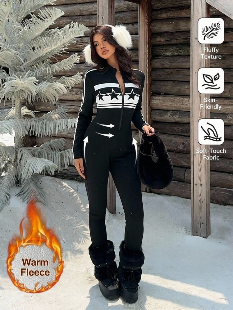 Muchica Women's Star Pattern Casual Sexy Everyday Jumpsuit Fall And Warm Thick Skiing Printed Tight Black And White Striped Versatile Night Out Vacation - Black - View 1