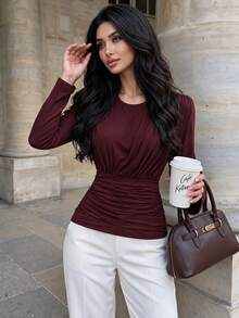 Modelyn Elegant Round Neck Asymmetrical Pleated Waist Long Sleeve Red Top T-Shirt Going Out Office City Break Winter - Red - View 2