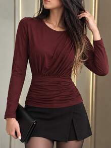Modelyn Elegant Round Neck Asymmetrical Pleated Waist Long Sleeve Red Top T-Shirt Going Out Office City Break Winter - Red - View 6