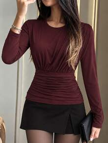 Modelyn Elegant Round Neck Asymmetrical Pleated Waist Long Sleeve Red Top T-Shirt Going Out Office City Break Winter - Red - View 4