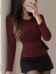 Modelyn Elegant Round Neck Asymmetrical Pleated Waist Long Sleeve Red Top T-Shirt Going Out Office City Break Winter - Red - View 5