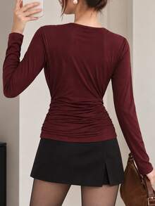 Modelyn Elegant Round Neck Asymmetrical Pleated Waist Long Sleeve Red Top T-Shirt Going Out Office City Break Winter - Red - View 3