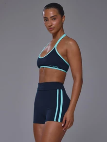 Musera Sport 挖勺領撞色滾邊露背掛脖式軟觸感運動內衣上衣，僅上衣，適合運動健身房、可愛皮拉提斯健身日常穿搭 - 藏蓝色 - 查看 3