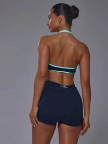 Musera Sport 挖勺領撞色滾邊露背掛脖式軟觸感運動內衣上衣，僅上衣，適合運動健身房、可愛皮拉提斯健身日常穿搭 - 藏蓝色 - 查看 4