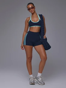 Musera Sport 挖勺領撞色滾邊露背掛脖式軟觸感運動內衣上衣，僅上衣，適合運動健身房、可愛皮拉提斯健身日常穿搭 - 藏蓝色 - 查看 5
