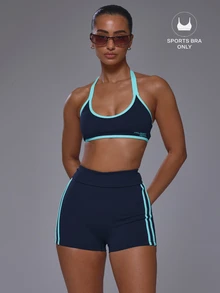 Musera Sport 挖勺領撞色滾邊露背掛脖式軟觸感運動內衣上衣，僅上衣，適合運動健身房、可愛皮拉提斯健身日常穿搭 - 藏蓝色 - 查看 1