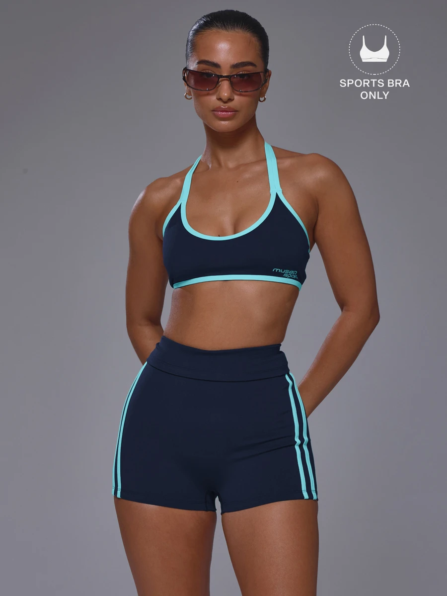 Musera Sport 挖勺領撞色滾邊露背掛脖式軟觸感運動內衣上衣,僅上衣,適合運動健身房、可愛皮拉提斯健身日常穿搭 - 藏蓝色 - 查看 1