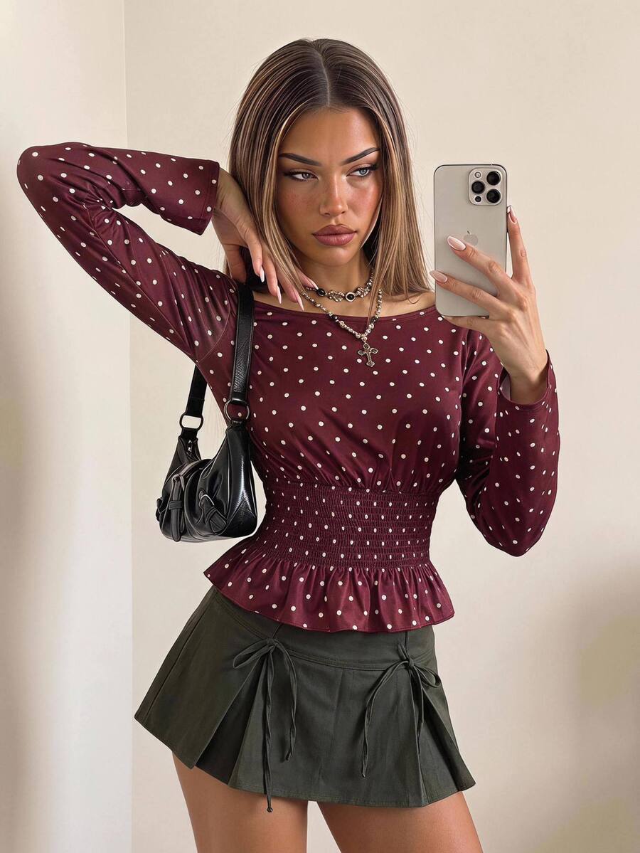 SHEIN ICON Women's Polka Dot Shirred Waist Long Sleeve Bell Sleeve T-Shirt - Burgundy - View 1