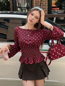 SHEIN ICON Women's Polka Dot Shirred Waist Long Sleeve Bell Sleeve T-Shirt - Burgundy - View 5