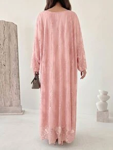 Yasveil 優雅蕾絲飾邊內裡繫帶腰長袖喇叭女款土耳其式長衫 & 阿拉伯傳統長衫 - 粉色 - 查看 3