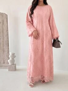 Yasveil 優雅蕾絲飾邊內裡繫帶腰長袖喇叭女款土耳其式長衫 & 阿拉伯傳統長衫 - 粉色 - 查看 7