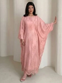 Yasveil 優雅蕾絲飾邊內裡繫帶腰長袖喇叭女款土耳其式長衫 & 阿拉伯傳統長衫 - 粉色 - 查看 5