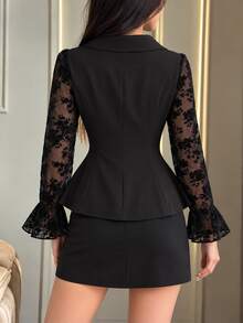 Modelyn Elegant Vintage Cold Shoulder Flocked Patchwork Flare Sleeve Fitted Blouse For Women, Sexy Commute And Date Top, Autumn - Black - View 2