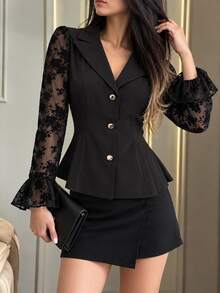 Modelyn Elegant Vintage Cold Shoulder Flocked Patchwork Flare Sleeve Fitted Blouse For Women, Sexy Commute And Date Top, Autumn - Black - View 4