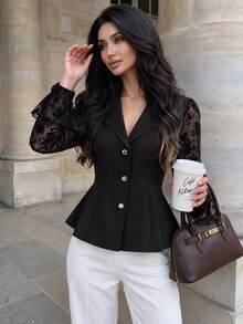 Modelyn Elegant Vintage Cold Shoulder Flocked Patchwork Flare Sleeve Fitted Blouse For Women, Sexy Commute And Date Top, Autumn - Black - View 1
